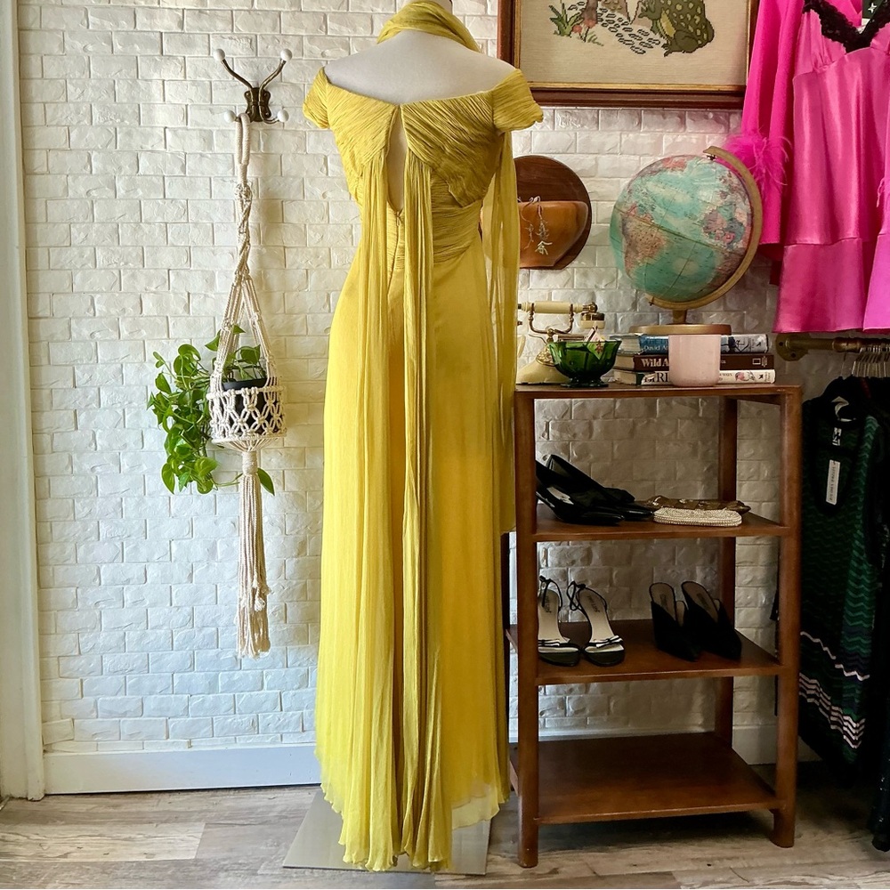 Montage by Mon Cheri Yellow Chartreuse Chiffon Flowy Gown with Shawl - Picture 9 of 14
